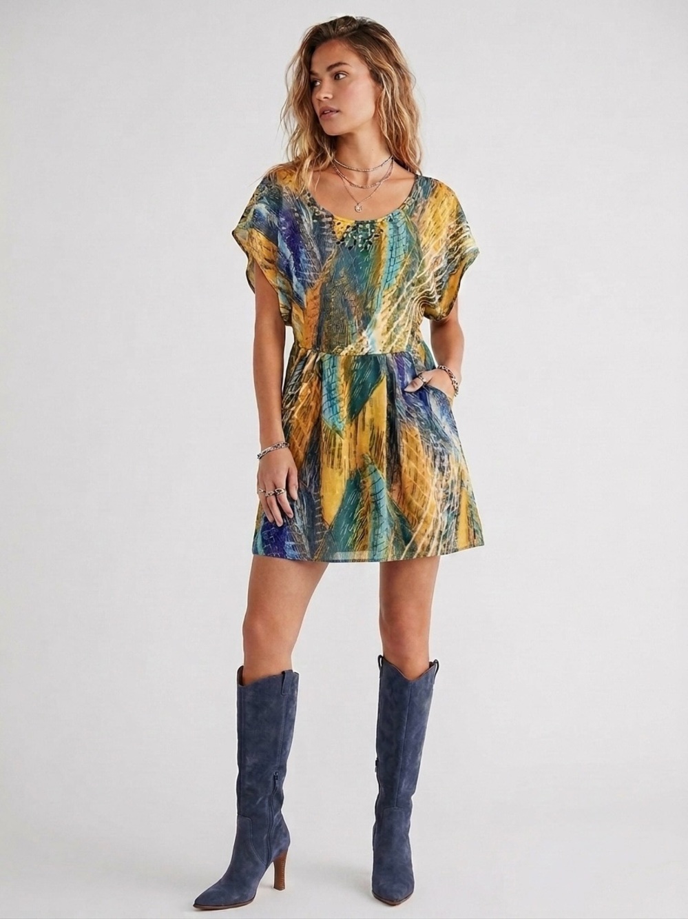Free People Sunset Dynasty Studded Mini Dress Flutter Sleeve Open Mesh Back Sz 4